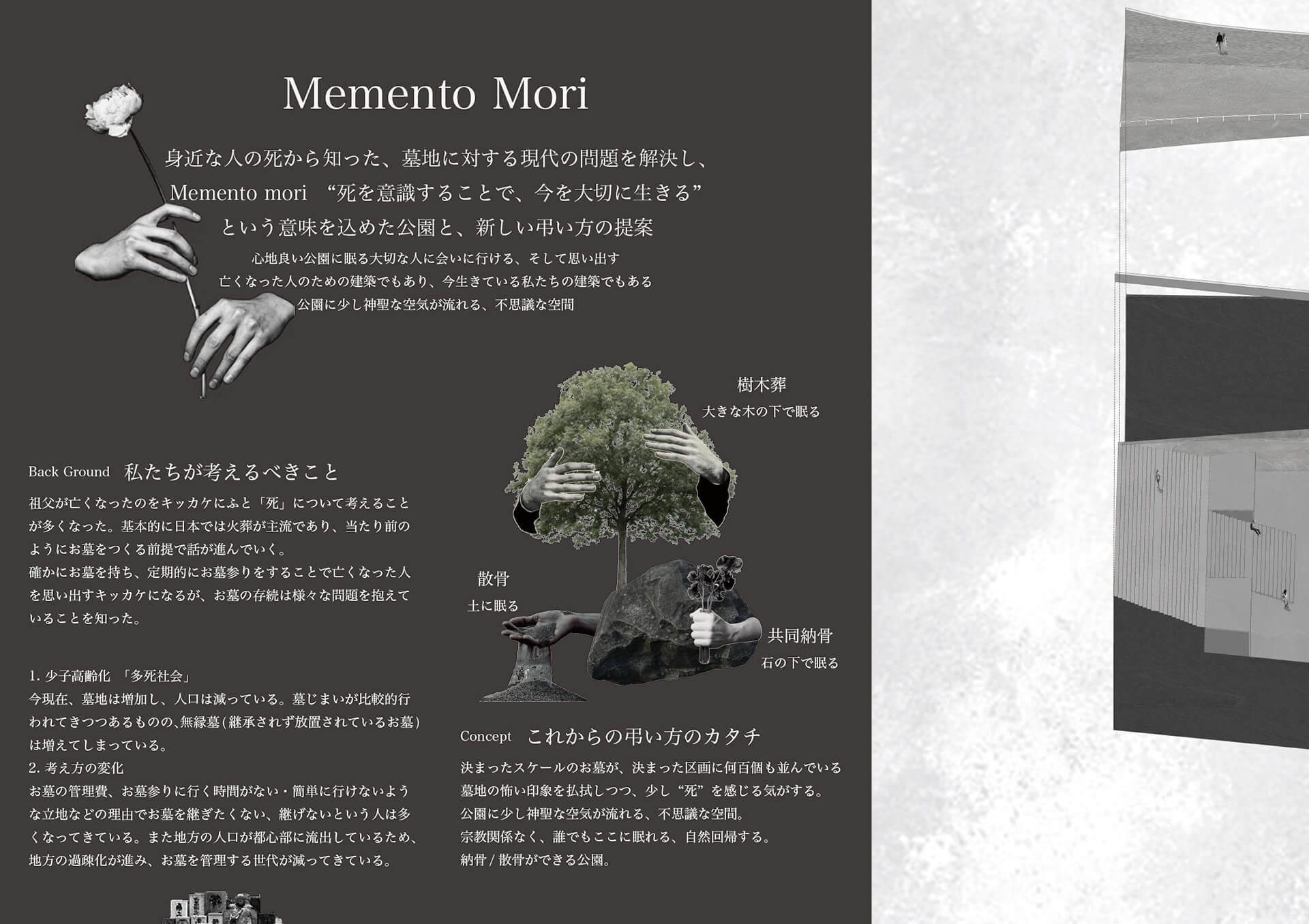 Memento Mori 身近な人の死から知った、墓地に対する現代の問題を解決し、Memento Mori "死を意識することで今を大切に生きることができる" という意味を込めた、公園と、新しい弔い方の提案-1